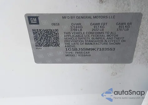 2019 Chevrolet Cruze Cvt (Fleet Orders Only) из США, поврежденный, VIN 1G1BJ5SM9K7103553